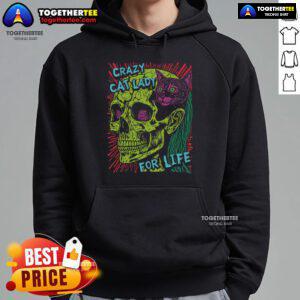 Crazy cat lady in goth punk style wearing a skull hoodie, cuddling a grunge cat, embodying a unique lifestyle.