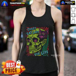 Top Crazy Cat Lady for Life in goth punk grunge style wearing a skull tank top, surrounded by adorable cats.