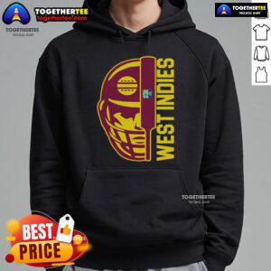 Alt Text: West Indies fan helmet, cricket ball, bat, and hoodie showcasing top cricket gear for enthusiastic supporters.