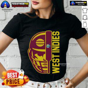 Top Cricket West Indies fan helmet, ball, and bat on a ladies tee, showcasing team spirit and passion for the sport.