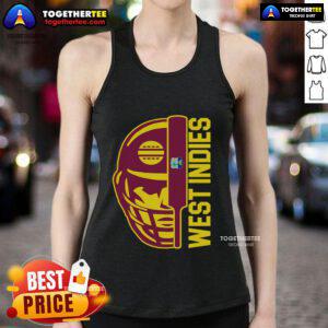 West Indies fan wearing a tank top, holding a cricket bat and ball, with a helmet on, celebrating cricket spirit.