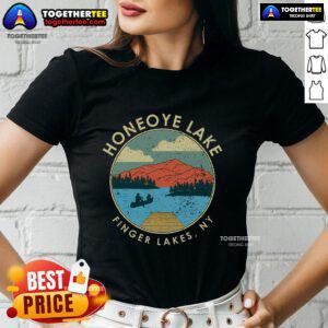 Top New York Honeoye Lake Finger Lakes ladies tee showcasing scenic lakeside view and vibrant outdoor style.