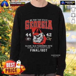 Georgia Tech Clean Sweatshirt featuring 'Top We Run This State Georgia 44-42' design, perfect for fans and alumni.