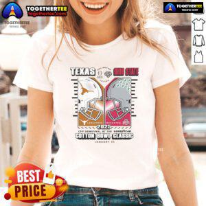 Official Texas Longhorns vs Ohio State Buckeyes helmet for 2025 CFP Semi-Final NCAA Ladies Tee, showcasing team spirit.