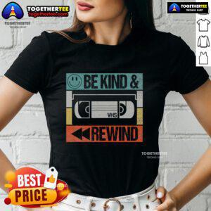 Original Be Kind Rewind vintage retro 90s ladies tee featuring nostalgic 80s design and vibrant colors.