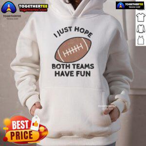 Football dad and mom wearing 'Nice, I Just Hope Both Teams Have Fun' hoodies, cheering at a game, showcasing team spirit.