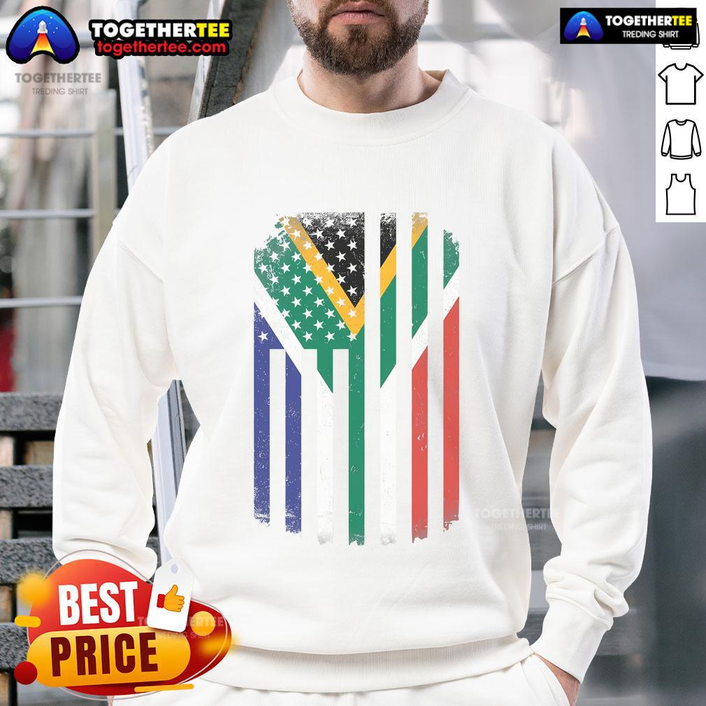 Alt Text: Cozy sweatshirt featuring the USA and Africa flags, perfect for showcasing pride in the United States of America.