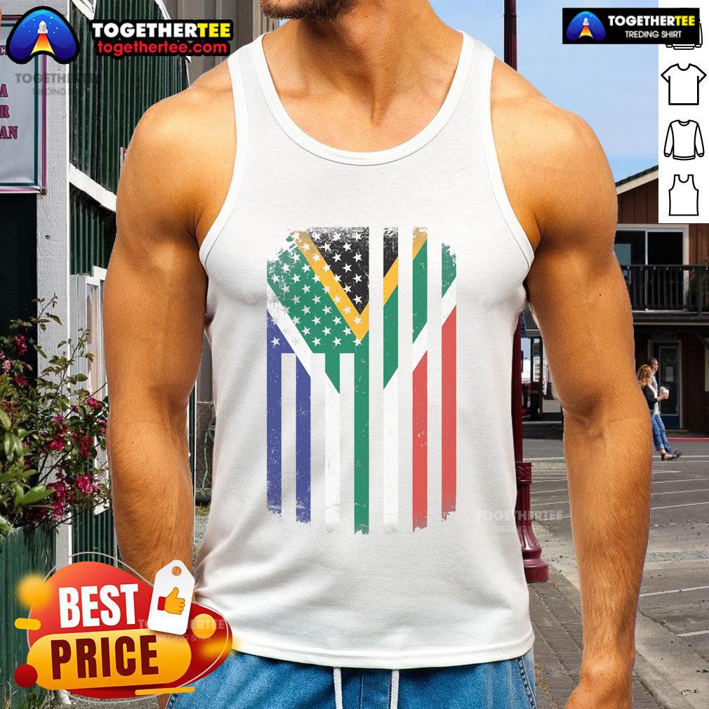 Stylish USA Africa flag tank top showcasing vibrant colors and patriotic design for summer fashion enthusiasts.