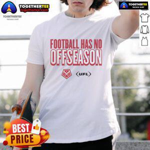 Official DC Defenders Football Has No Offseason logo t-shirt featuring vibrant graphics for dedicated fans.