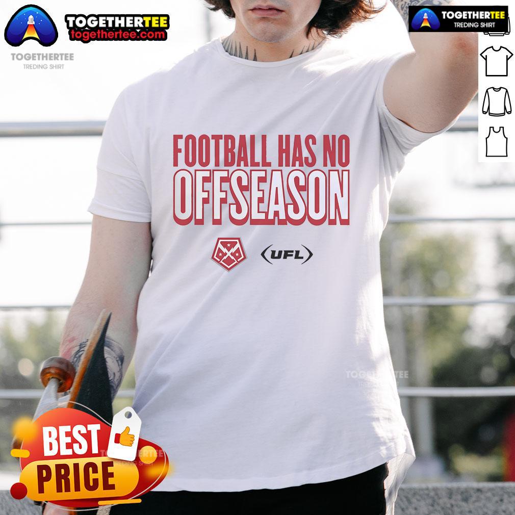 Official DC Defenders Football Has No Offseason logo t-shirt featuring vibrant graphics for dedicated fans.