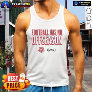 Official DC Defenders football tank top featuring 'Football Has No Offseason' logo for fans and athletes.
