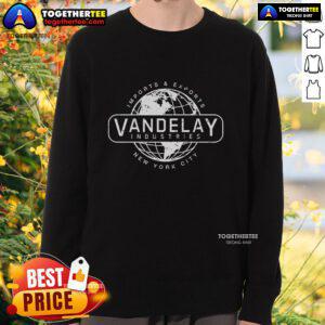 Alt Text: Official Imports Exports Vandelay Industries sweatshirt featuring New York City skyline design, perfect for casual wear.