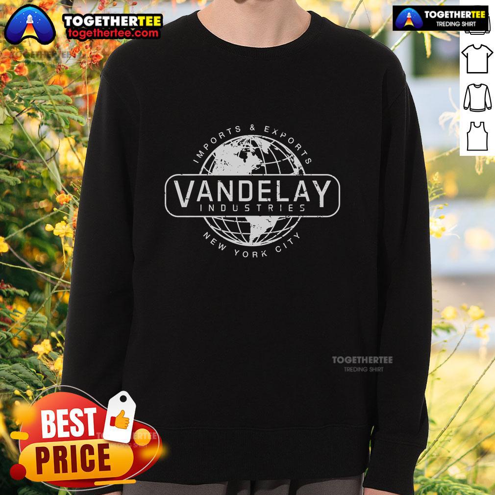 Alt Text: Official Imports Exports Vandelay Industries sweatshirt featuring New York City skyline design, perfect for casual wear.