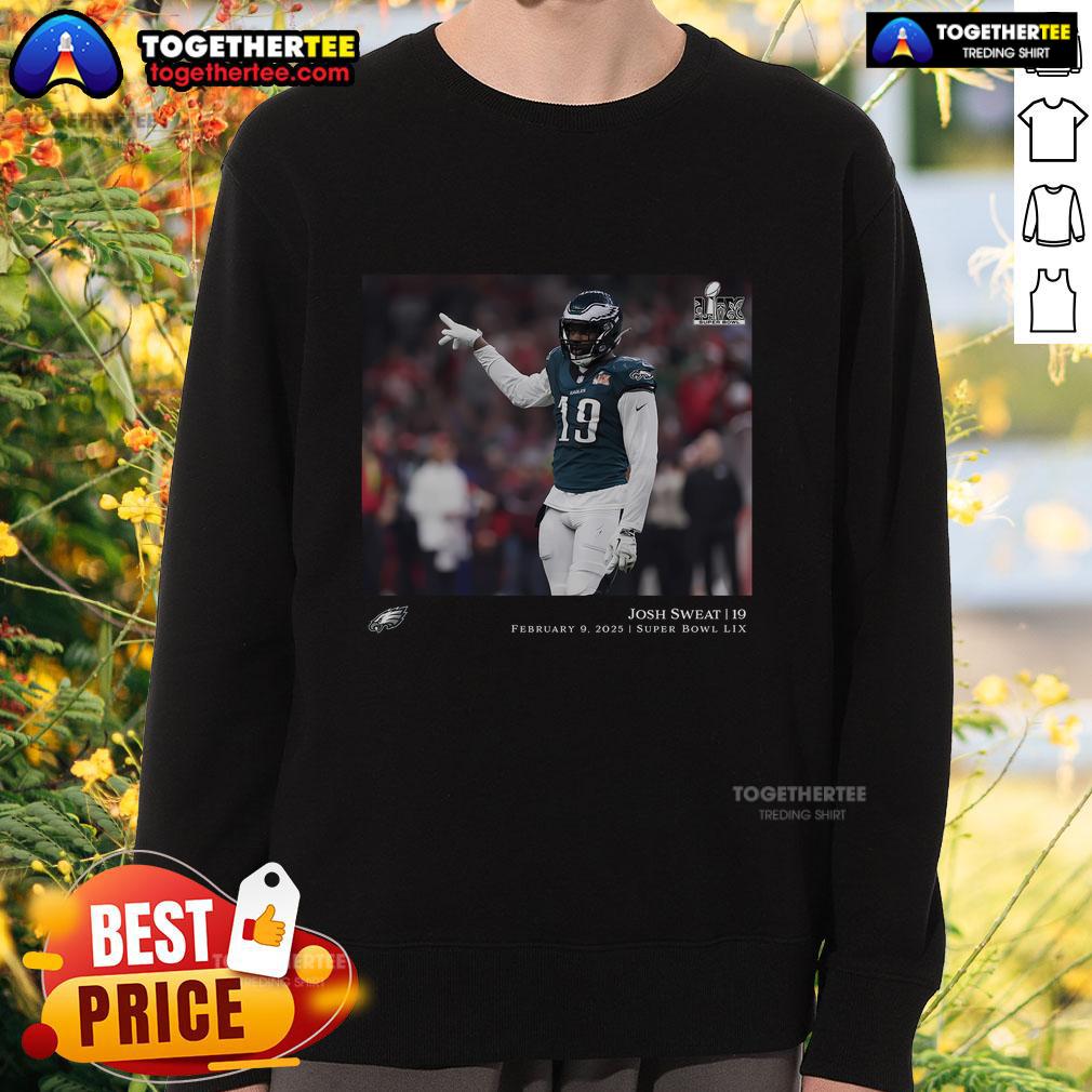Official Josh Sweat Philadelphia Eagles NFL sweatshirt celebrating Super Bowl LIX champions with vibrant team graphics.