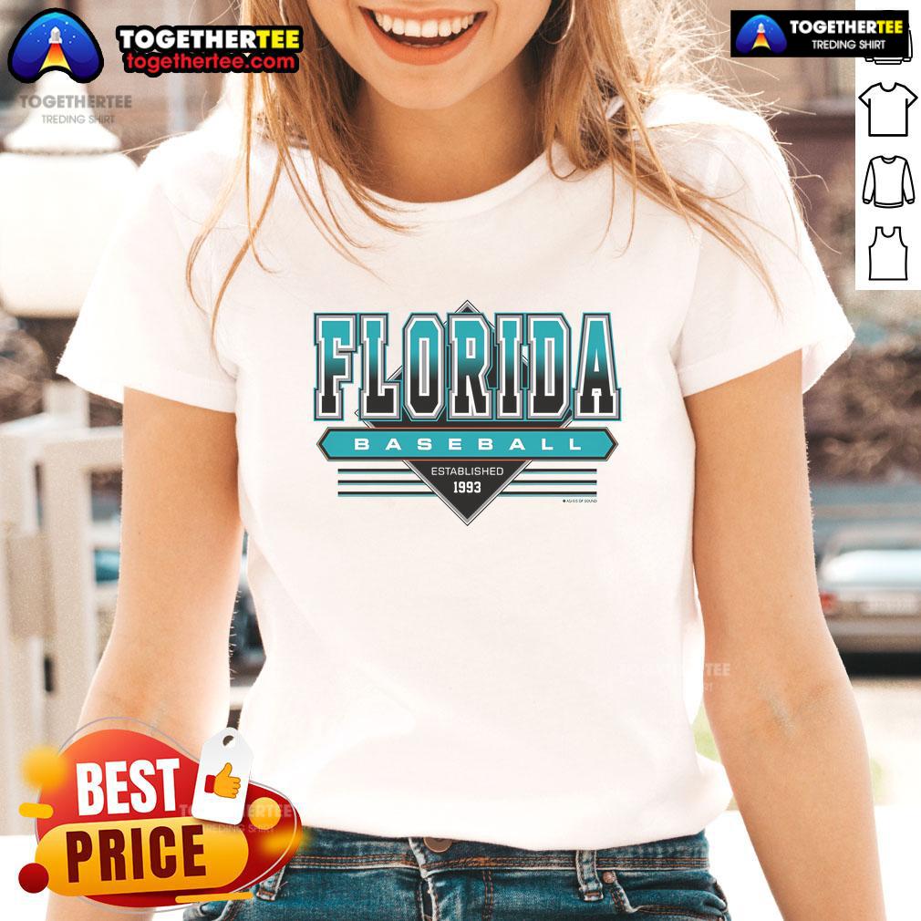 Retro ladies tee featuring Official Miami Florida Baseball design, established in 1993, perfect for fans of the team.