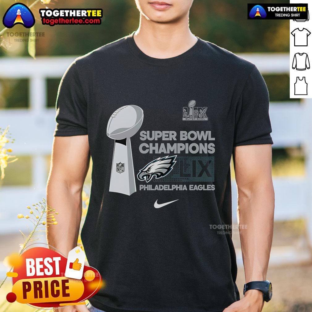 Official Nike Philadelphia Eagles Super Bowl Champions T-Shirt showcasing trophy collection design for fans.