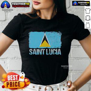 Official Saint Lucia Flag Ladies Tee featuring the vibrant blue, yellow, and black colors of the national flag design.