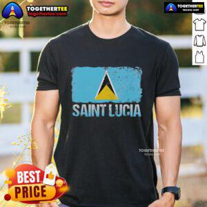Official Saint Lucia Flag T-Shirt featuring vibrant blue, yellow, and black colors, perfect for showcasing island pride.