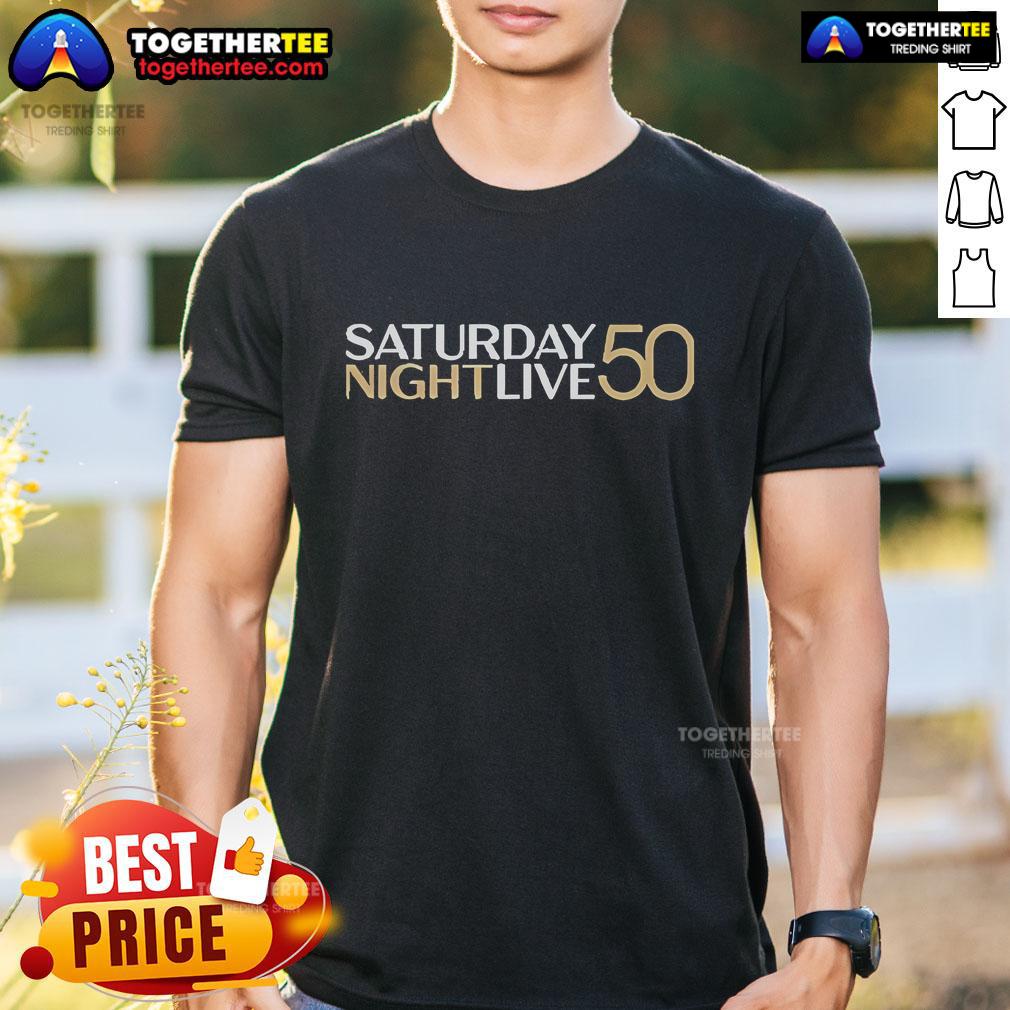 Official SNL Saturday Night Live 50 T-Shirt featuring a bold 50th anniversary design and iconic logo in vibrant colors.