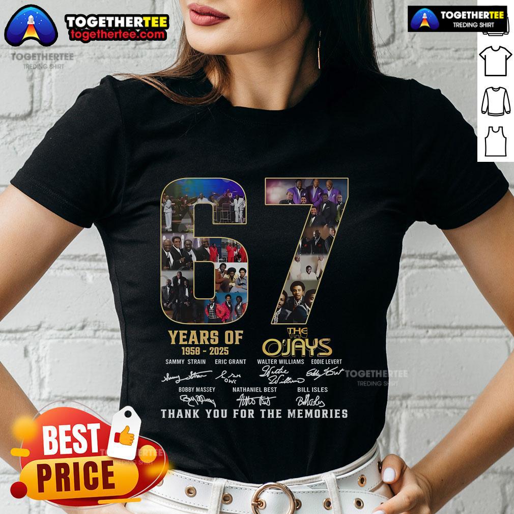 Alt Text: Official The O'Jays 67 Years of 1958-2025 Thank You for the Memories Ladies Tee in stylish design.