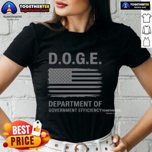 Premium Doga Department of Government Efficiency ladies tee featuring an American flag design for patriotic dog lovers.