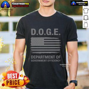 Alt Text: Premium Doga Department T-Shirt featuring the American flag, showcasing government efficiency and patriotic style.