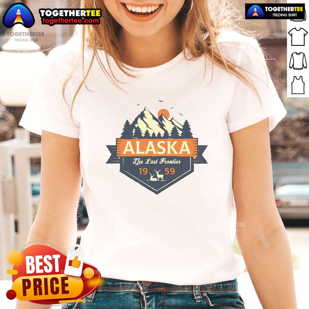 Premium Last Frontier Retro Alaska 1959 Ladies Tee showcasing vintage design with a scenic Alaskan backdrop.