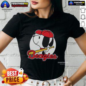 Alt Text: Premium Snoopy comic beagle baseball ladies tee featuring a fun graphic design on a stylish shirt.