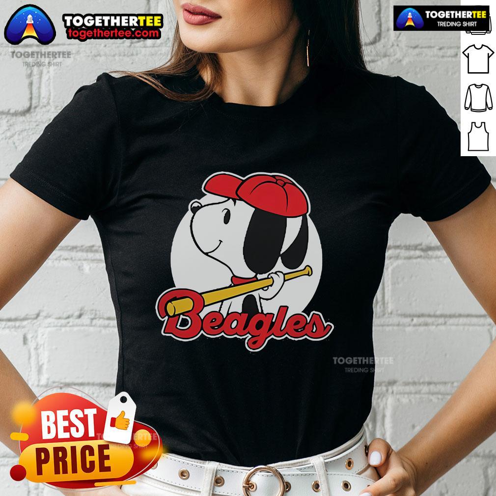 Alt Text: Premium Snoopy comic beagle baseball ladies tee featuring a fun graphic design on a stylish shirt.