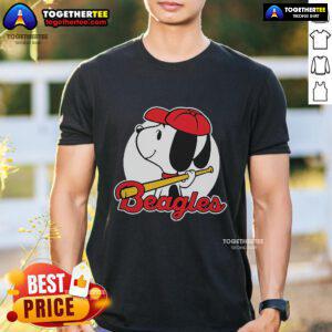 Premium Snoopy Comic Beagle Baseball T-Shirt featuring Snoopy in a baseball outfit, perfect for fans of Peanuts and baseball.