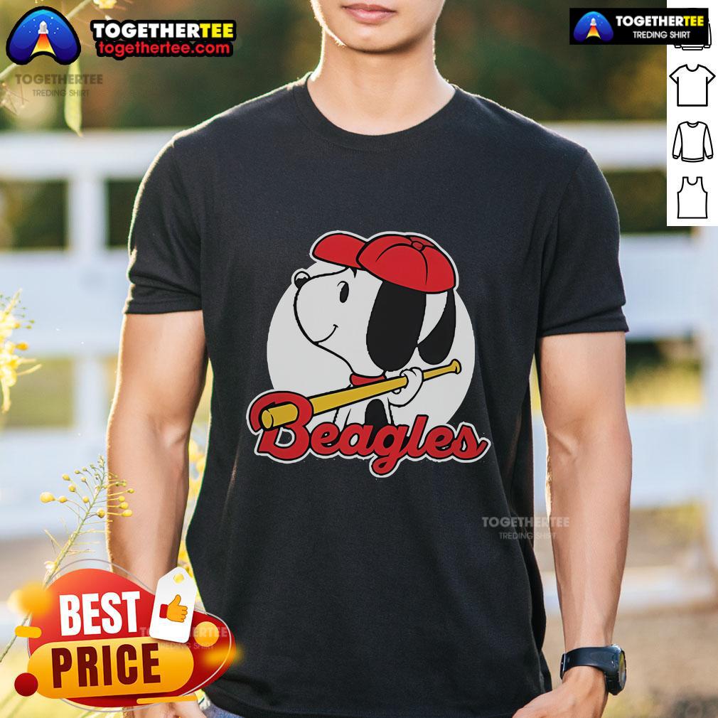 Premium Snoopy Comic Beagle Baseball T-Shirt featuring Snoopy in a baseball outfit, perfect for fans of Peanuts and baseball.