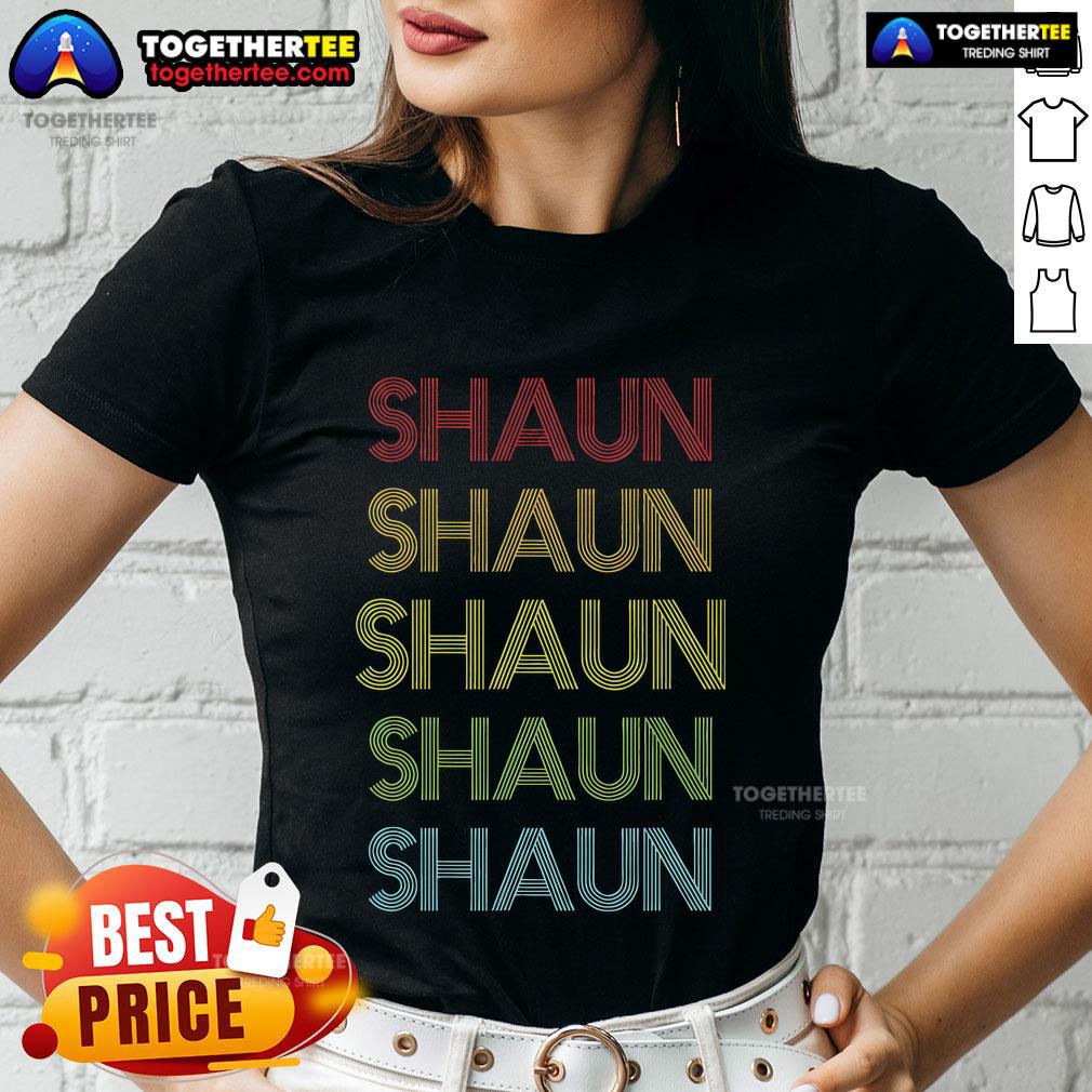 Premium Stacked Shaun Name Striped Gradient Retro Ladies Tee in vibrant colors, perfect for casual and stylish outfits.