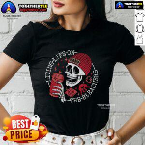 Pretty Living Life on the Bleachers Mama Skull Ladies Tee featuring a stylish skull design for trendy women.
