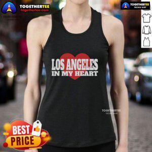 Stylish 'Pretty Los Angeles In My Heart' tank top displayed on a mannequin against a vibrant city backdrop.
