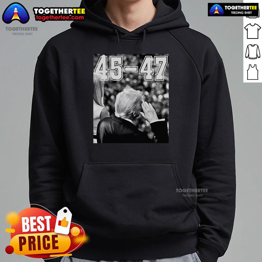 President Trump saluting in military style on a vintage hoodie, showcasing top 45-47 designs for fans and collectors.