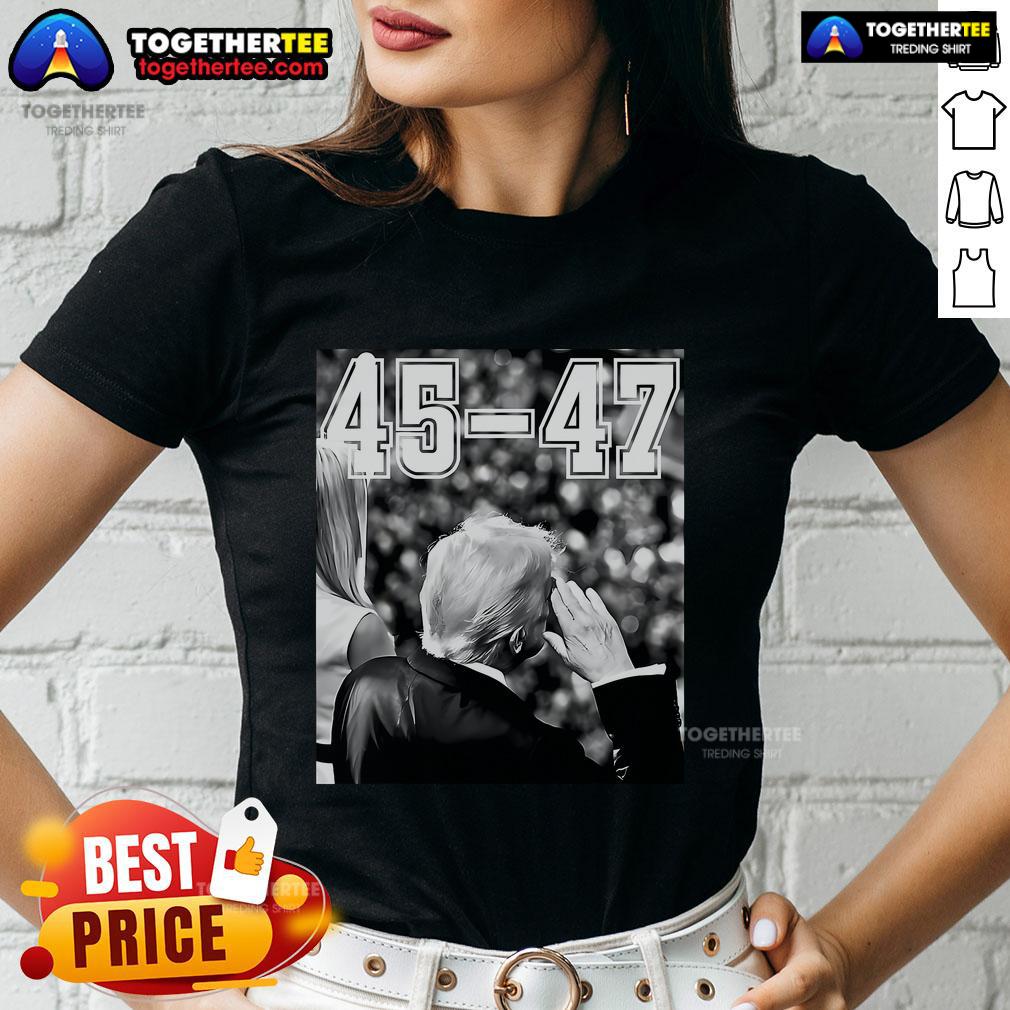 Vintage ladies tee featuring President Trump military salutes, showcasing top 45-47 design for patriotic apparel enthusiasts.
