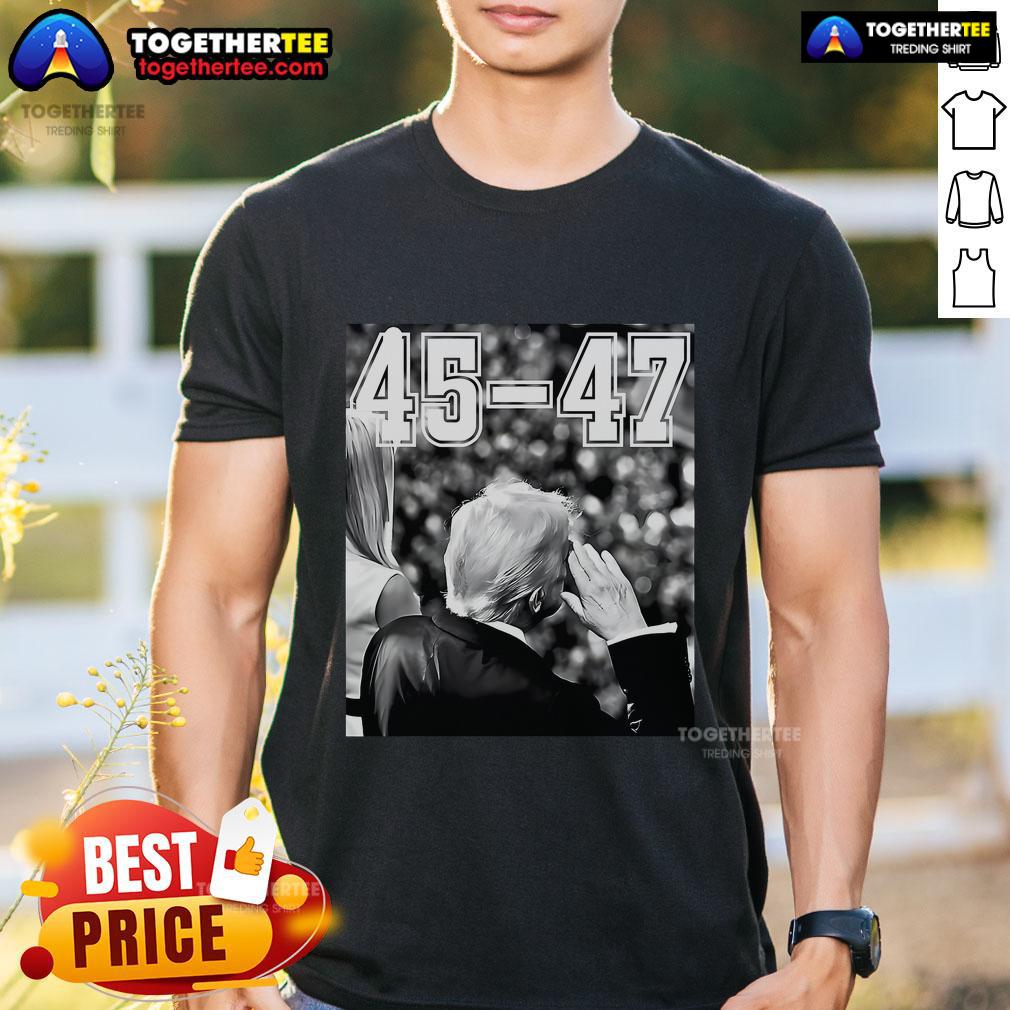 Vintage T-shirt featuring the Top 45-47 President Trump military salutes design, showcasing patriotic themes.