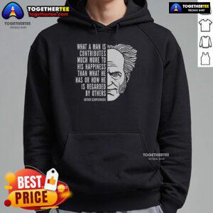 Stylish hoodie featuring an inspirational quote by Arthur Schopenhauer about character and humanity. Perfect for fans!