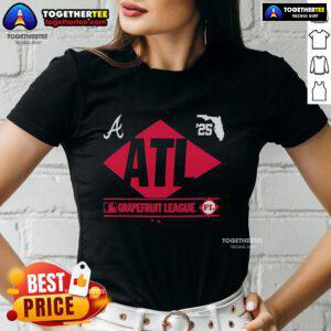Top Atlanta Braves 2025 Spring Training Grapefruit League ladies tee showcasing vibrant team colors and logo.