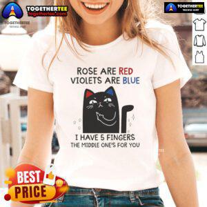Black cat graphic on a ladies tee with 'Roses are red, violets are blue, I have 5 fingers' text design.
