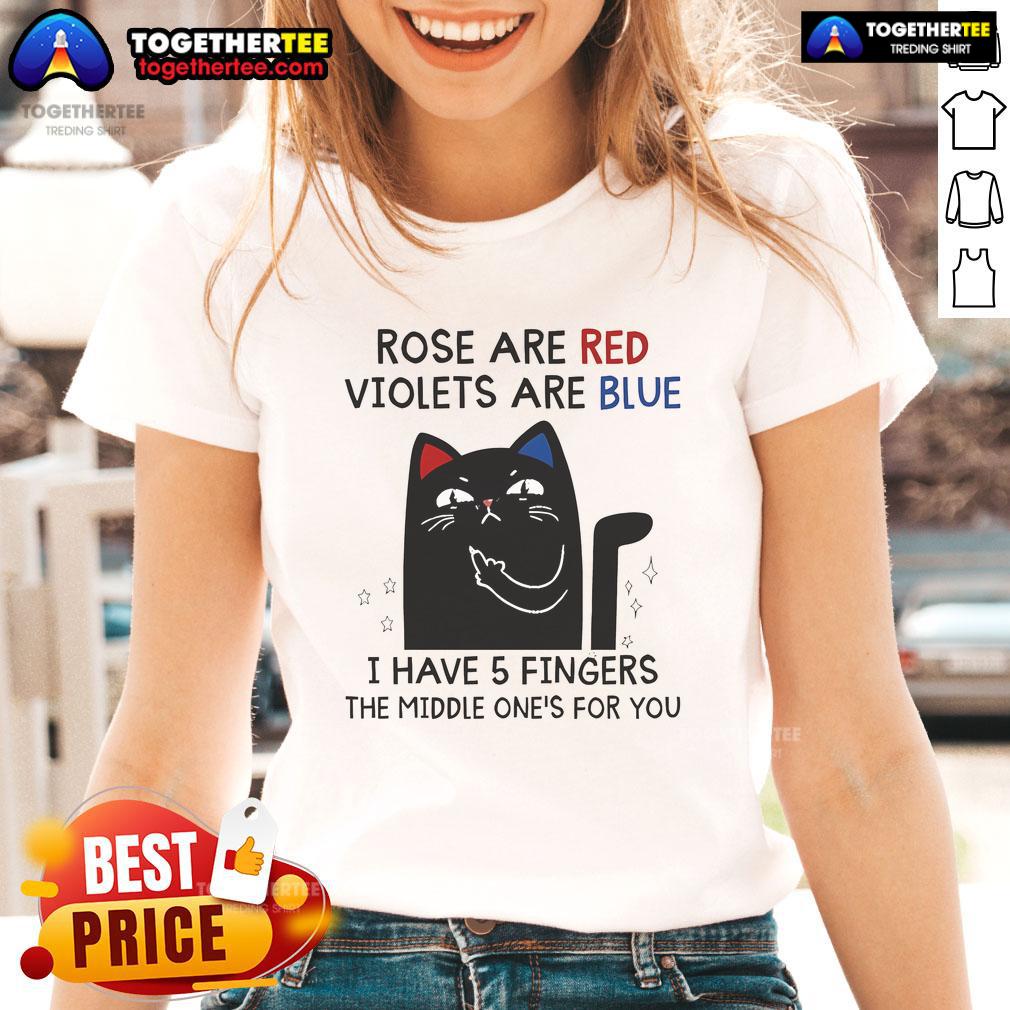Black cat graphic on a ladies tee with 'Roses are red, violets are blue, I have 5 fingers' text design.