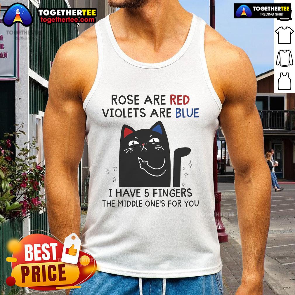 Top black cat tank top featuring 'Roses are red, violets are blue, I have 5 fingers' design for cat lovers.