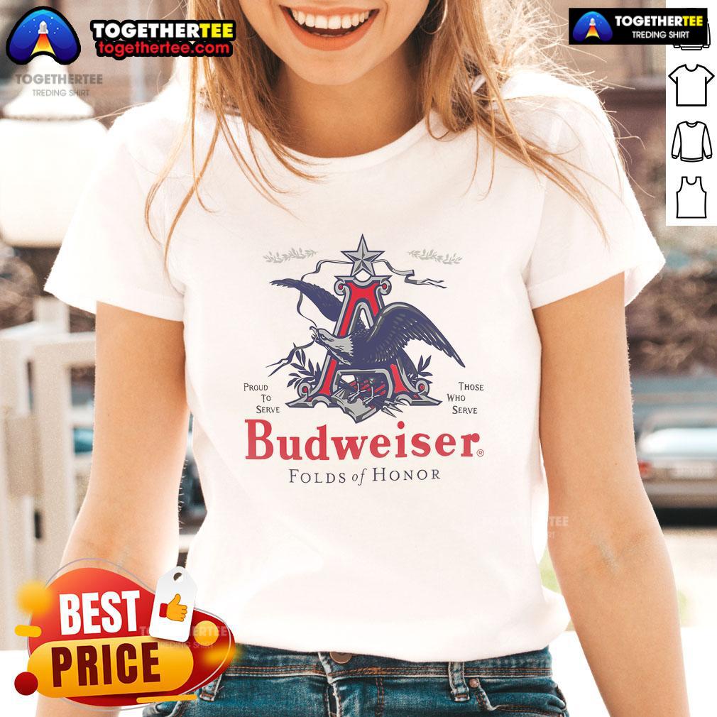 Alt Text: Top Budweiser Folds of Honor AEagle Ladies Tee in red, featuring the iconic logo and a stylish design for women.