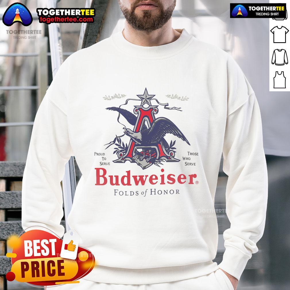 Top Budweiser Folds of Honor eagle sweatshirt featuring a bold eagle design for patriotic apparel enthusiasts.