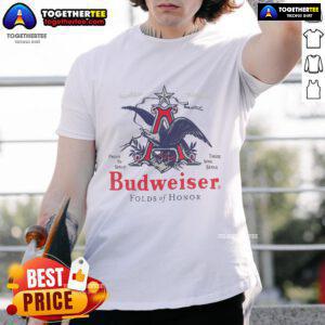 Alt Text: Top Budweiser Folds Of Honor A&Eagle T-Shirt featuring a patriotic design and bold graphics for veterans' support.