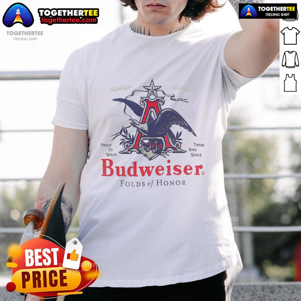 Alt Text: Top Budweiser Folds Of Honor A&Eagle T-Shirt featuring a patriotic design and bold graphics for veterans' support.