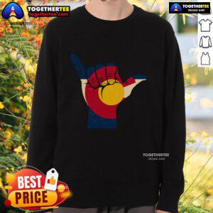 Cozy sweatshirt featuring the Colorado flag and a handshake sign, perfect for showing state pride and style.