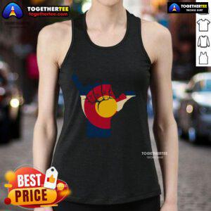 Person wearing a Colorado flag shake hand sign tank top, showcasing state pride and unique fashion style.