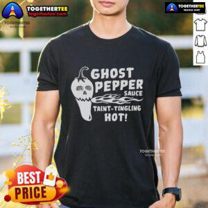 Alt Text: Top Ghost Pepper Sauce Taint Tingling Hot T-Shirt featuring vibrant graphics and spicy theme for hot sauce lovers.
