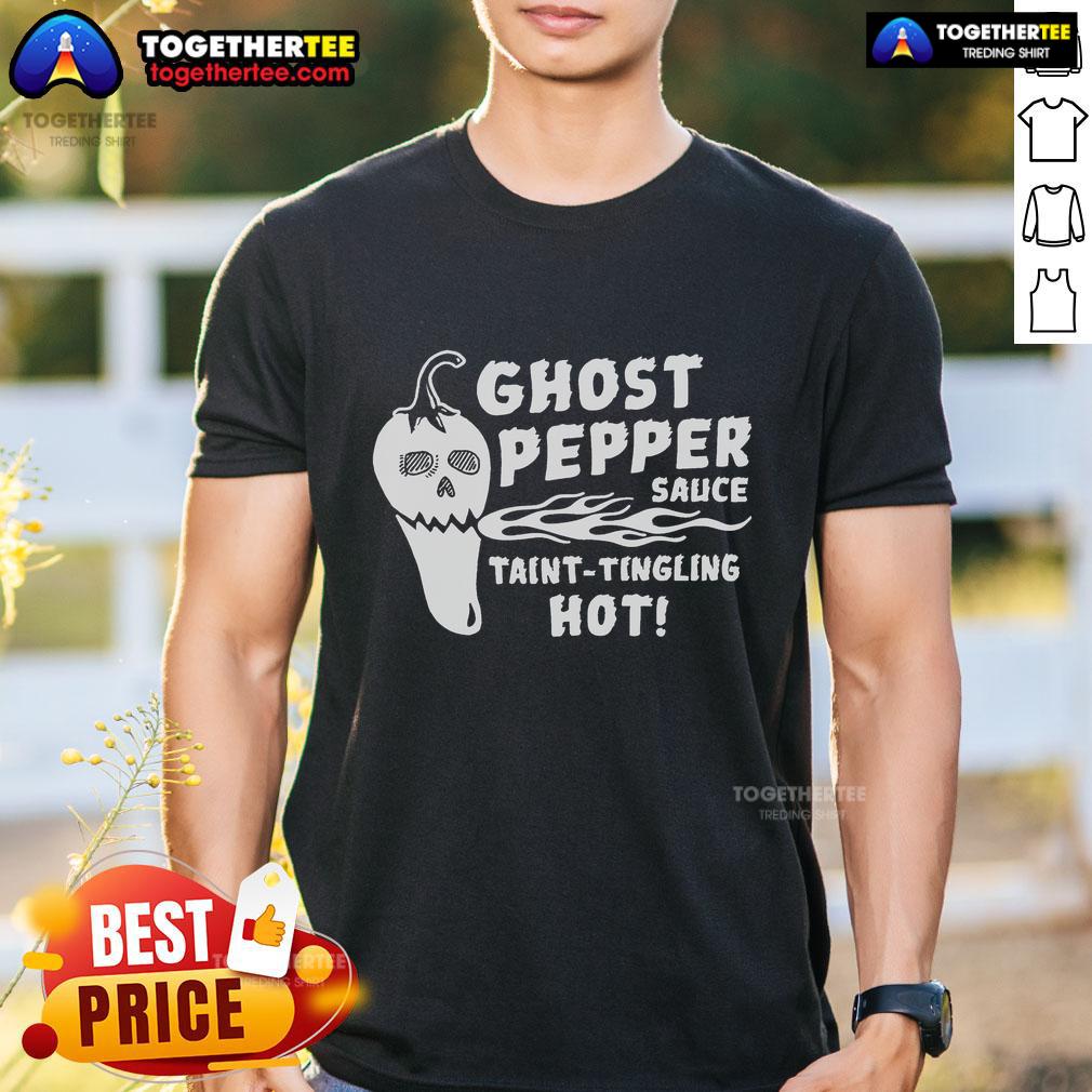 Alt Text: Top Ghost Pepper Sauce Taint Tingling Hot T-Shirt featuring vibrant graphics and spicy theme for hot sauce lovers.